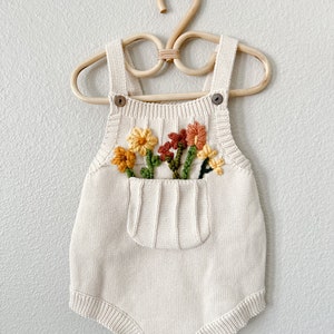 Custom Hand Embroidered Pocket of Flowers Knit Romper, Custom Romper, pocket Romper, wild one, Milestone, children’s clothes, gift, summer