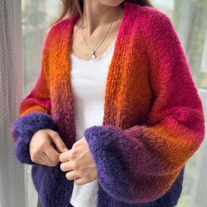 Rainbow sweater for women Chunky knit cardigan Mohair stripped cardigan Cropped hand knit summer cardigan Multicolored bright knit cardigan