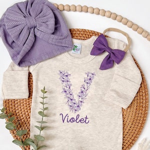 Embroidered Personalized Purple Romper, Girl Coming Home Outfit, Baby Romper Hat Set, Baby Shower Gift, Lavander Baby Romper, Floral Letter
