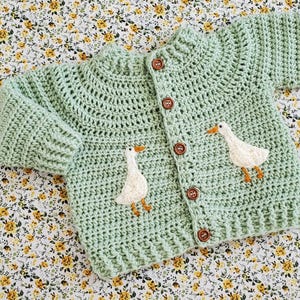 Hand Crocheted Embroidered Goose Baby/Toddler Cardigan (available in many colours)