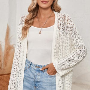 Boho Crochet Knit Cardigan – Hollow Out Drop Shoulder Open Front Sweater for Women, White Spring Fall Cover Up